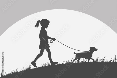 Silhouette of a young girl walking her dog on a leash outdoors