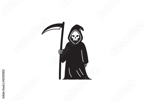 A graphic illustration of the Grim Reaper, the mythological personification of death, holding a scythe on a white background.