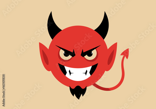 Sinister red devil head with a wicked grin and black horns. A cartoon demon mascot illustration for Halloween or fantasy themes.