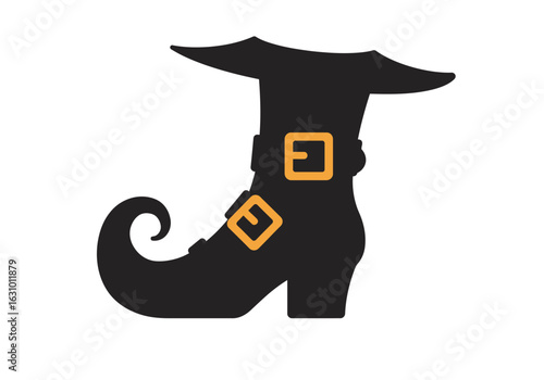 Silhouette of a black witch boot with a pointed toe and golden buckles. Halloween costume footwear icon isolated on white.