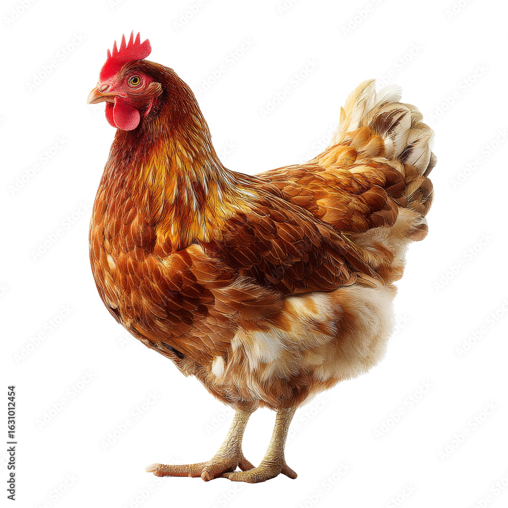 Fototapeta premium brown hen standing proudly with vibrant feathers and bright red comb, showcasing its natural beauty and charm. This captures essence of farm life and poultry