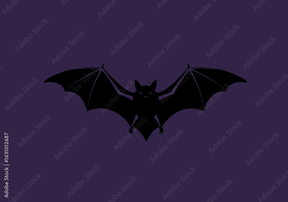 Fototapeta premium Black bat silhouette with glowing eyes flying in a starry night sky. Spooky Halloween vector illustration concept.