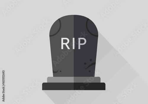 A flat design style gravestone with an RIP inscription. Vector illustration of a tombstone icon isolated on a grey background.