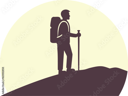 Silhouette of a hiker with a backpack and trekking pole standing on a mountain peak