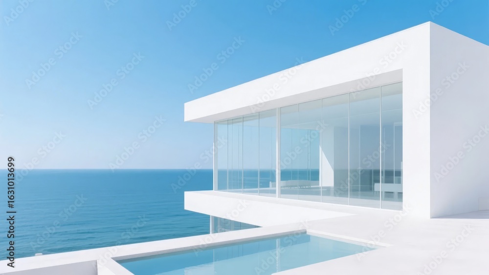 Fototapeta premium Modern minimalist house with glass walls overlooking the ocean