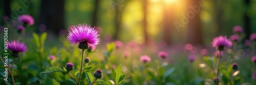 Dark purple Black Knapweed blooms in summer forest sunlight ,  sunlight,  detail