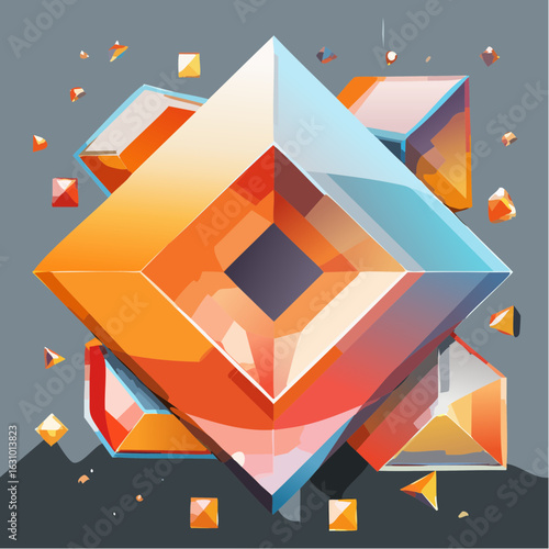 Abstract geometric structure featuring a central crystalline cube. Modern 3D digital art with vibrant orange and blue gradients.
