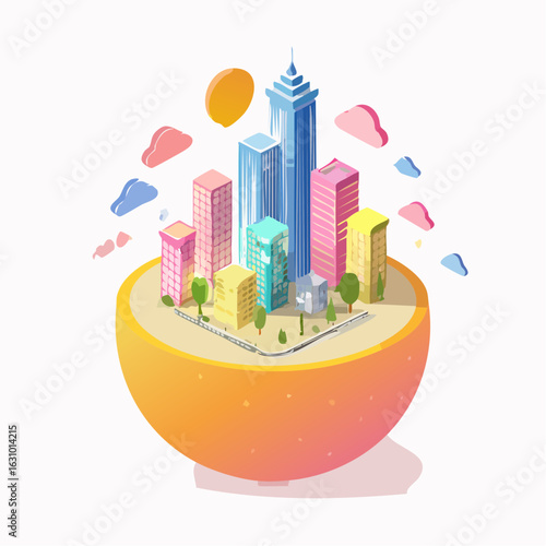 Vibrant isometric city concept with colorful skyscrapers and futuristic architecture on a surreal half-sphere. Modern urban landscape.