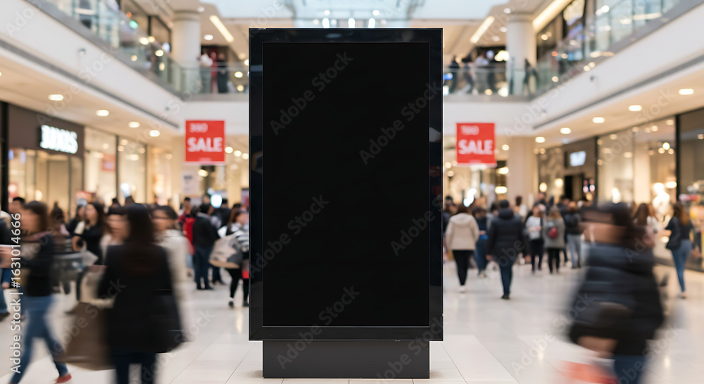 Obraz premium Blank Dark Billboard in Crowded Black Friday Mall