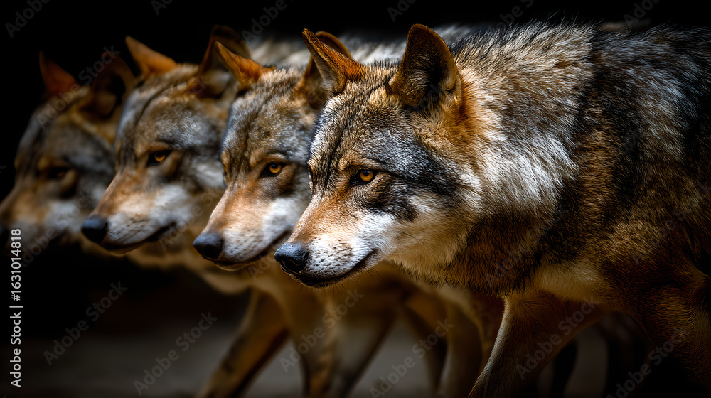 Obraz premium A pack of brown wolves walks in a line, with the leader's face in sharp focus against a dark background. 
