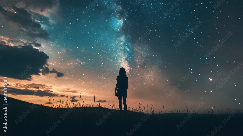 Obraz premium Silhouette of a woman gazing at the starry sky at night