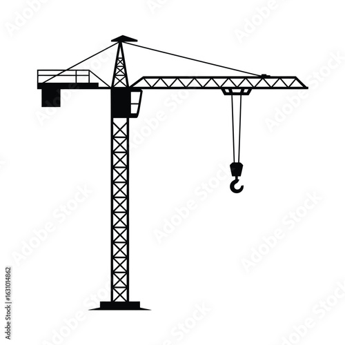 Silhouette of a tall construction tower crane with a hook