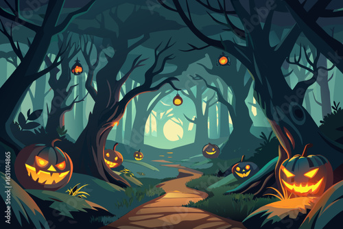 Eerie Halloween night scene with glowing pumpkins and spooky forest path, perfect for holiday promotions