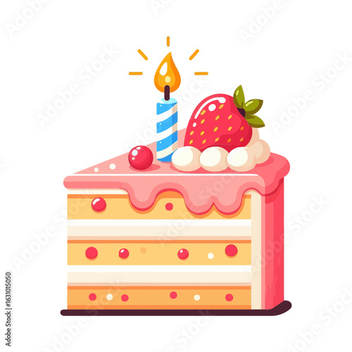 A stylized flat illustration of a slice of layered cake with pink frosting, a strawberry, and a lit candle. Ideal for websites or blogs about baking, celebrations, or desserts.

