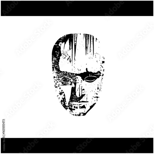 Vector Distorted monochrome face with expressive features.