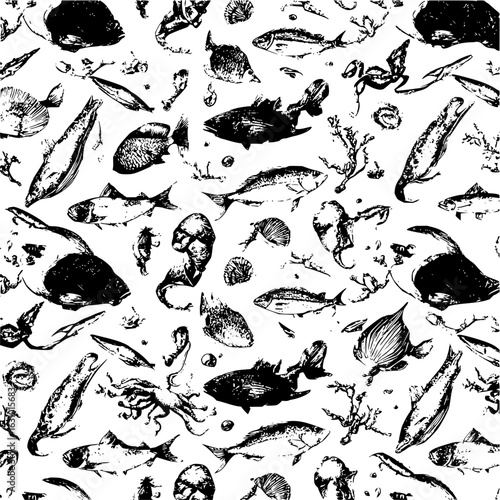 Monochrome ocean life pattern featuring various fish species and sea creatures in black and white style