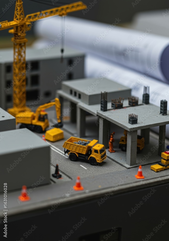 Fototapeta premium Detailed miniature construction site featuring a crane, dump truck, and blueprints representing industry.