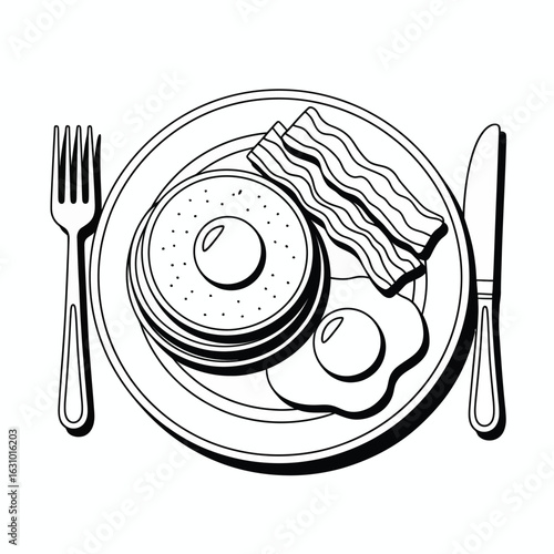 Billede på lærred Overhead view of a hearty breakfast plate with pancakes bacon and fried eggs