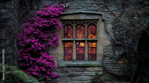 Enchanting Gothic Window Adorned with Vibrant Purple Flowers and Fiery Sunset Reflection