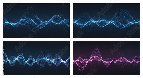 A collection of four glowing digital waveforms in blue and pink, visualizing sound, frequency, or energy.