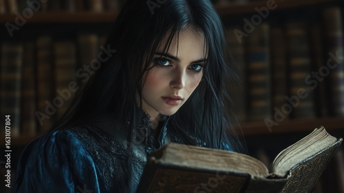 Enigmatic young woman engrossed in an old book within a book-filled library