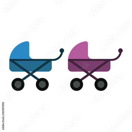 Two colorful baby strollers with wheels and handles