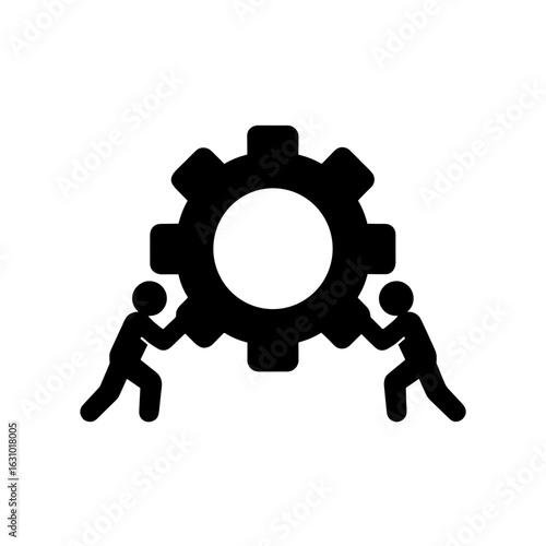 Two people holding large gear icon in solid fill representing teamwork and process management