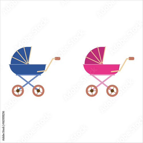 Pair of pink and blue baby strollers icons