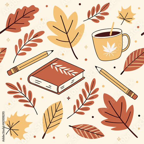 "Seamless fall-themed pattern with pencils, books, autumn leaves, and mugs of cocoa, hand-drawn textured vector style"
