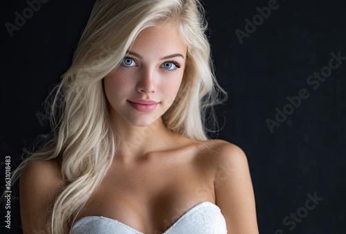 A portrait of an attractive blonde woman with blue eyes, wearing a white strapless dress and posing in front of a black background