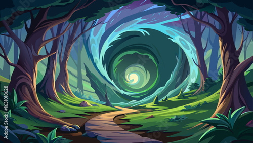 Enchanted forest path leading to a magical portal, beckoning adventure and fantasy exploration, vector style