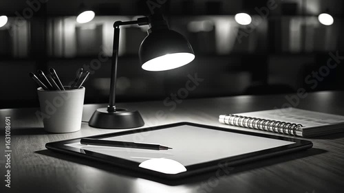 Modern workspace with tablet under focused lamp with stationery and notepad for business technology productivity professional ambiance concentration minimal style concept 
