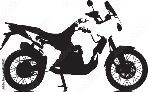 Vector silhouette of an adventure motorcycle with a world map double exposure effect. A symbol for global travel, road trips, and world tours.