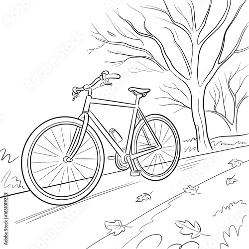 Hand drawn sketch of a bicycle parked on a path next to a tree in autumn
