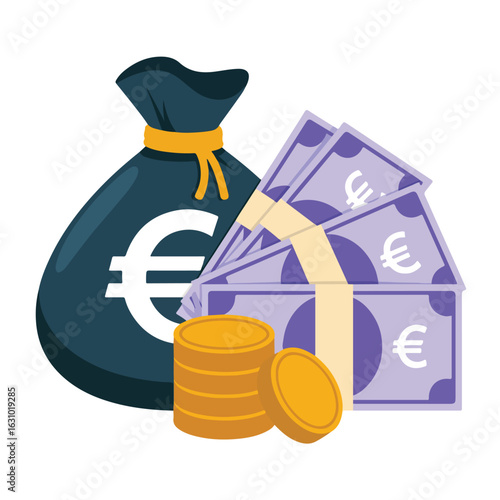 Illustration of a money bag with euro sign, stacked euro banknotes and a stack of gold euro coins