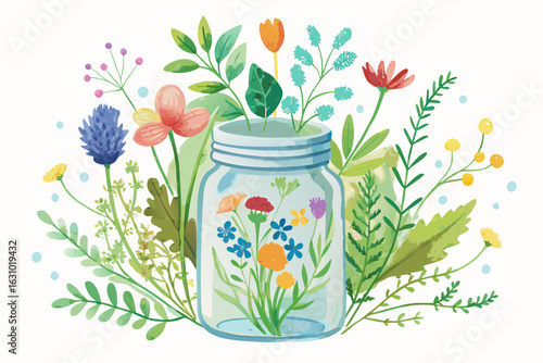 Delightful floral arrangement blooming with charm, colorful flowers in a mason jar, bringing nature indoors