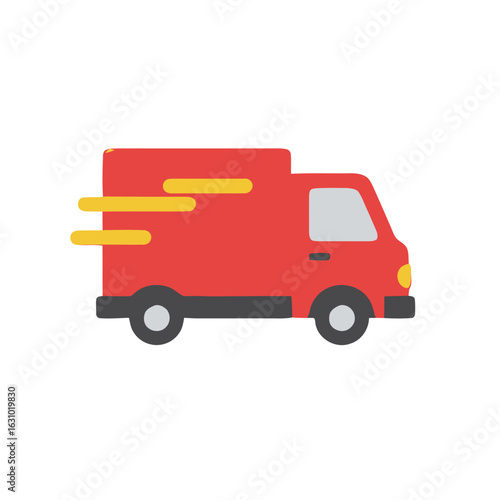 A flat vector icon of a red delivery truck moving quickly with yellow speed lines.