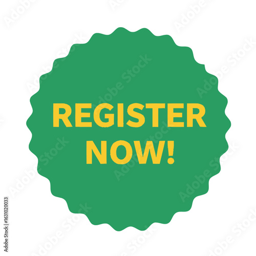 A green seal-shaped graphic with the bold yellow text 'Register Now!' as a call to action.