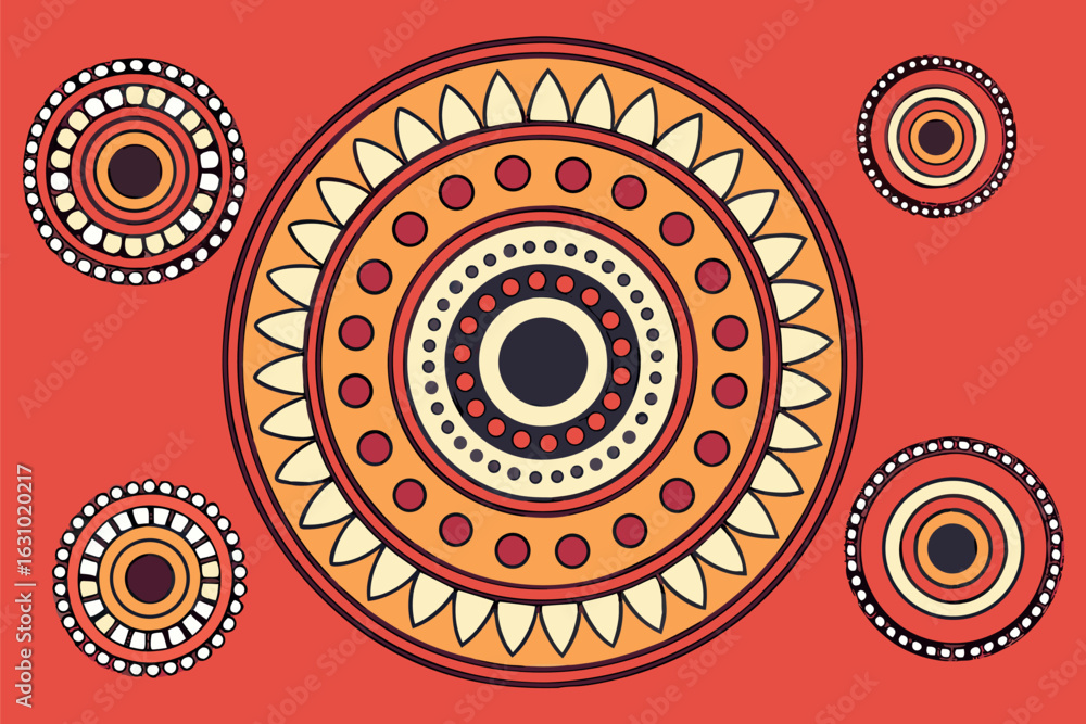 Fototapeta premium Traditional Australian Aboriginal Dot Painting Style Circular Patterns on Red Background vector