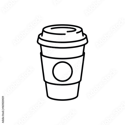 Simple hand drawn outline of a disposable coffee cup with lid and sleeve