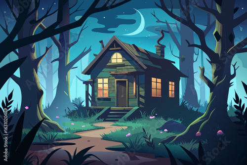 Enchanting moonlight illuminates a cozy cabin nestled deep in a whimsical forest at twilight hours