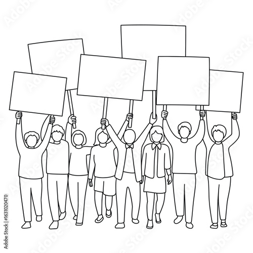 Diverse group of people holding blank protest signs in solidarity
