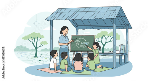 Asian teacher and students in an openair classroom studying the water cycle diagram.