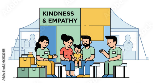 Community volunteers offering support and kindness to a family at a humanitarian aid tent.