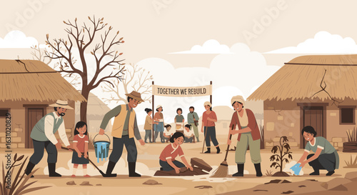 Community of villagers working together to rebuild their homes a flat illustration showing resilience and cooperation.