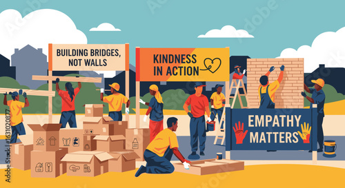Diverse community volunteers working together building bridges and showing kindness and empathy in a graphic illustration.