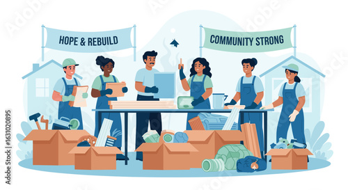 Diverse community volunteers working together under banners of hope rebuilding and strength.