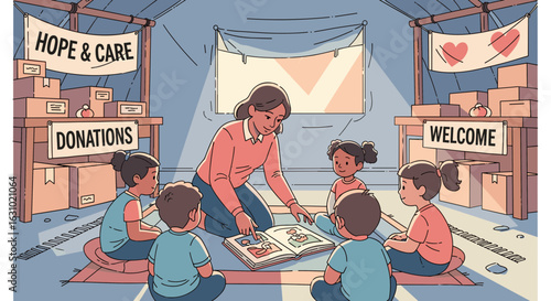 Heartwarming illustration of a volunteer reading to children in a temporary shelter with donation boxes.