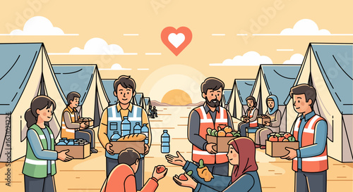 Volunteers in vests distributing food and water to people at a humanitarian relief camp with tents.