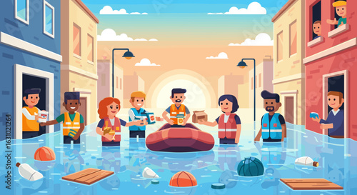 Volunteers in life vests providing flood relief aid from a boat to residents in a submerged city street illustration.